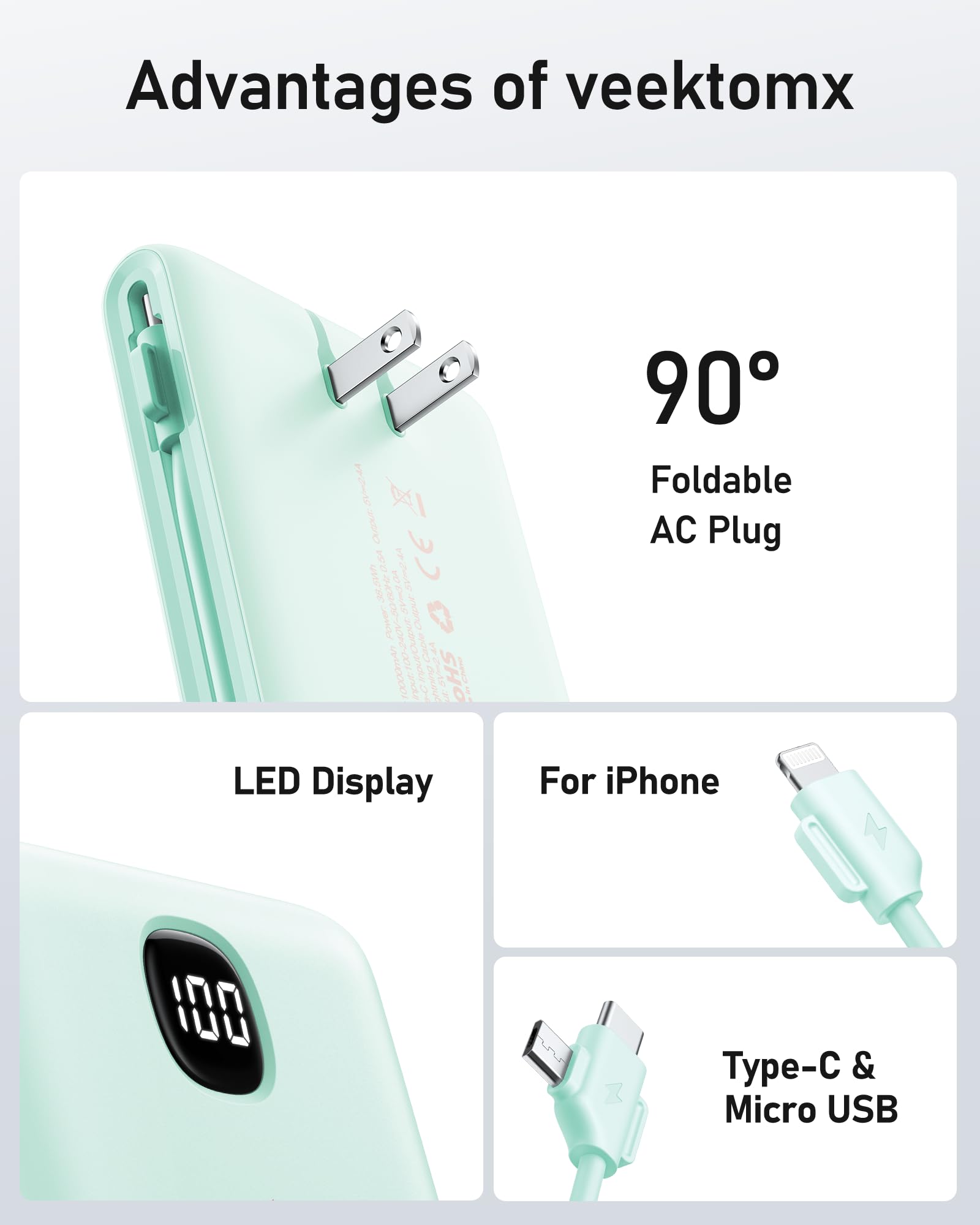 VEEKTOMX Portable Charger with Built in Cables 10000mAh, Power Bank for iPhone with Wall Plug, Travel Essential Fast Charging Slim USB C External Battery Pack for iPhone 17/16/15, Samsung, iPad, etc