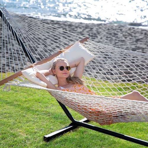 SUNCREAT Hammocks Double Cotton Rope Hammock with Polyester Pad, Heavy Duty Hammock with Steel Stand, Blue&Green