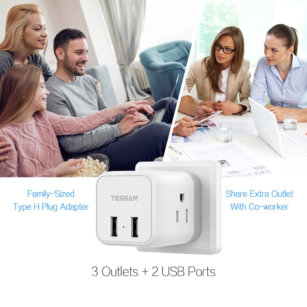 TESSAN Israel Power Adapter US to Israel Plug Adapter with 3 Outlets 2 USB Charging Ports, Power Outlet Converter for Israel, Palestine, Jerusalem, Holy Land, Gaza Strip, Type H Output