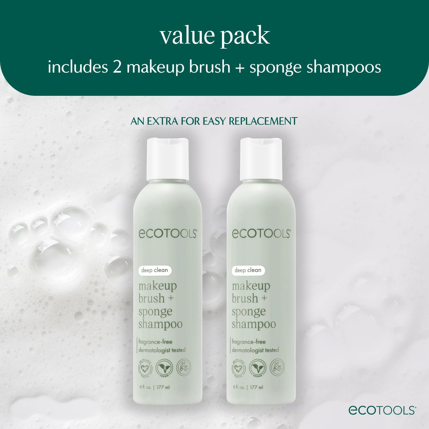 EcoTools Makeup Brush & Sponge Shampoo - Fragrance-Free Cleanser for Brushes, Sponges & Puffs, No Harsh Chemicals, Vegan & Cruelty-Free, 6 fl.oz./ 177 ml, 2 Count