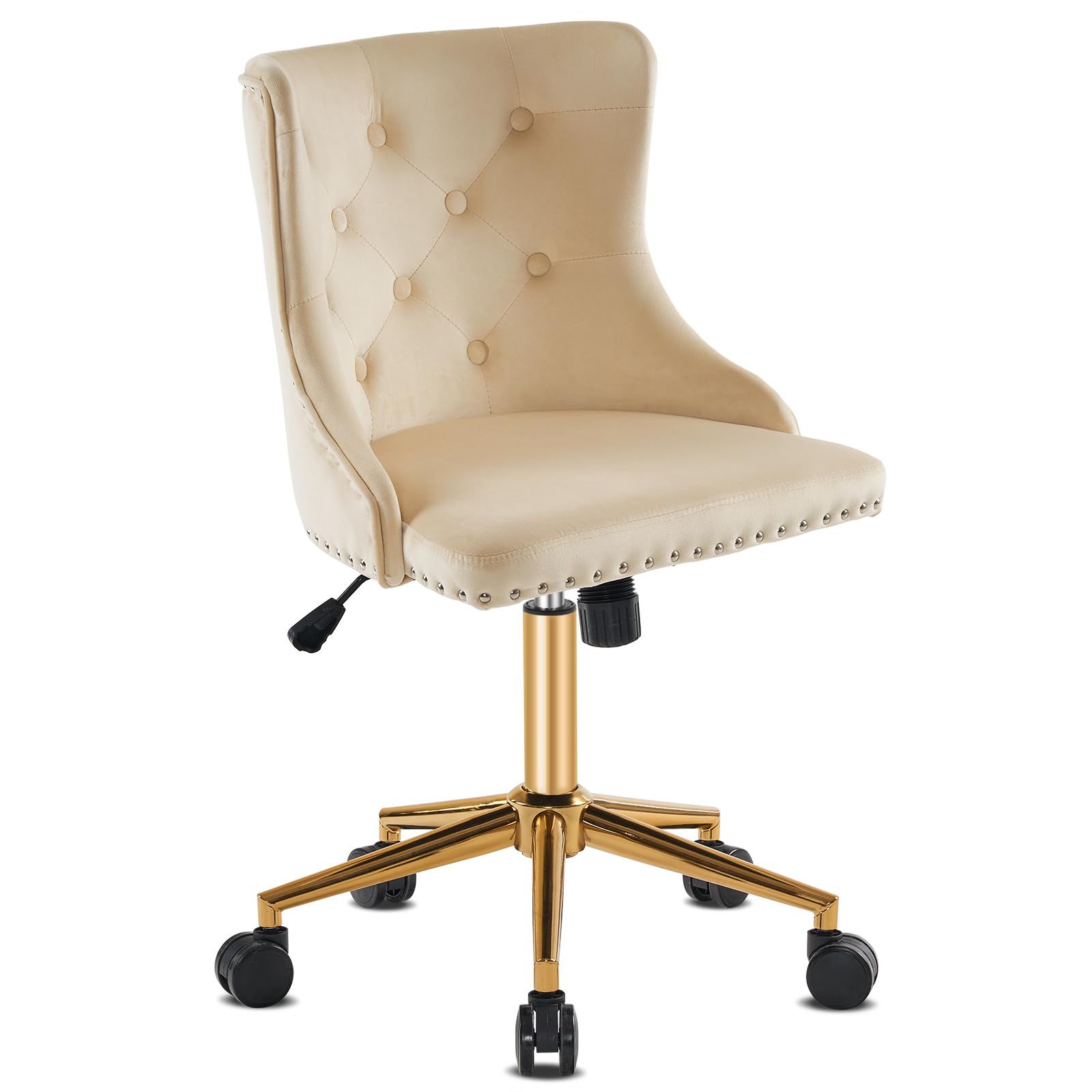 VINGLI Beige Velvet Armless Home Office Desk Chair with Gold Base/Wheels, Small Cute Vanity/Makeup Chair with Back for Bedroom, Upholstered Adjustable Rolling Swivel Nail Chair for Women/Girls