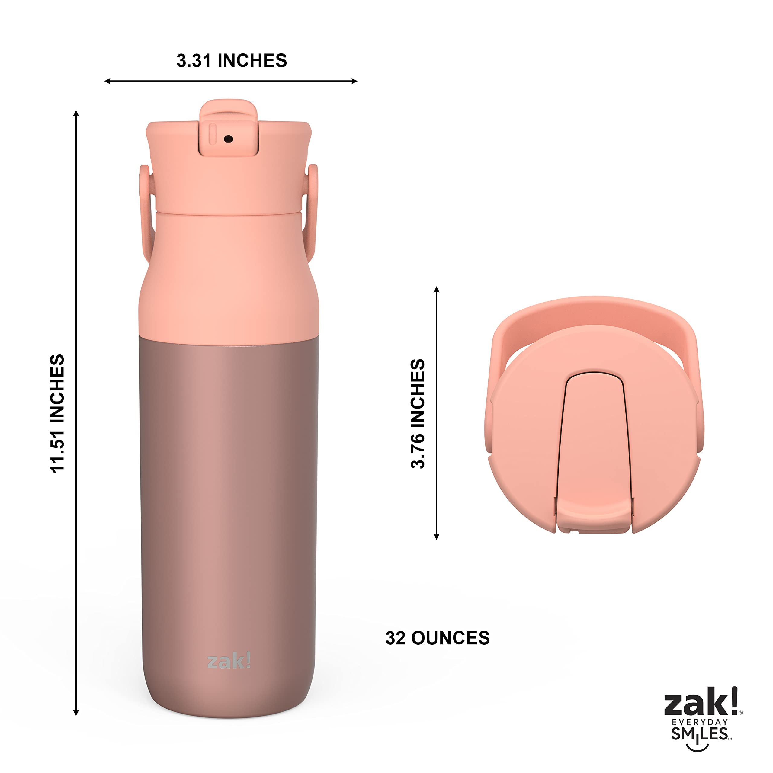 Zak Designs Harmony Water Bottle for Travel or At Home, 32oz Recycled Stainless Steel is Leak-Proof When Closed and Vacuum Insulated with Straw Lid and Carry Handle (Coral Pink)