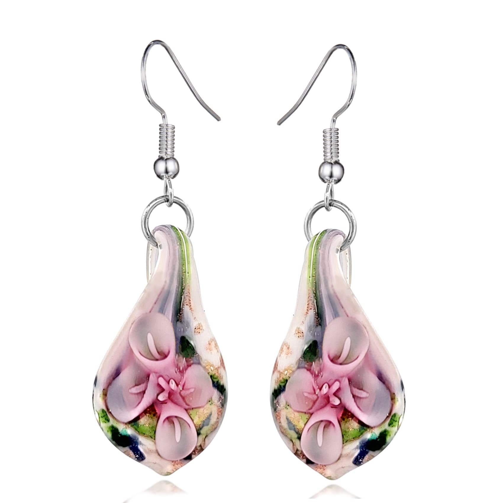 BESHEEK Handmade Murano Glass Inspired Unique Flowers Teardrop Multicolor Blue Green Confetti Pink Dangle Drop Earrings for Women Hypoallergenic Earrings Jewelry (Teardrop)