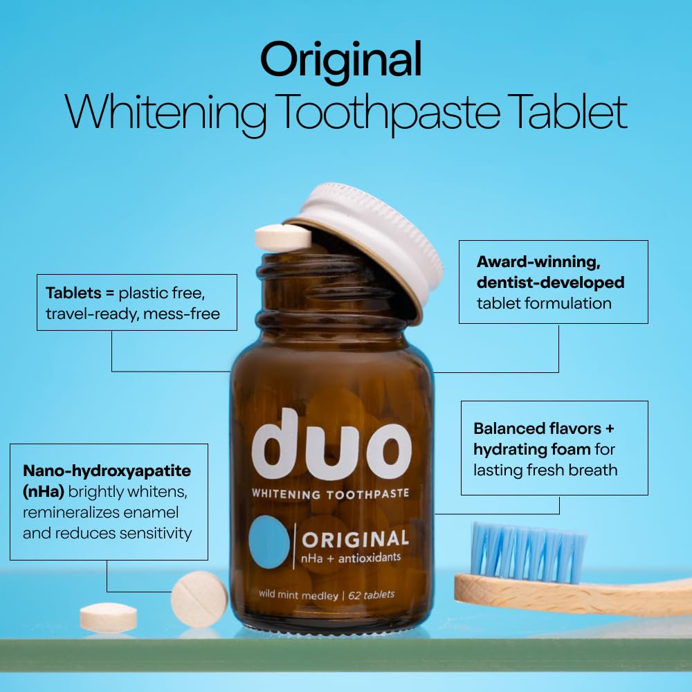 Duo Toothpaste Tablets | Nano-Hydroxyapatite (nHa) Natural Whitening, Remineralize, Reduce Sensitivity | Sustainable & Plastic Free | Dentist Created | Wild Mint Medley - 1 Bottle / 62 Tablets