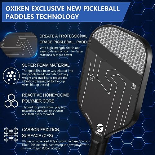 OXIKEN 16mm Pickleball Paddles, 2023 USAPA Approved, Frosted Carbon Fiber Surface (CFS), Polypropylene Lightweight Honeycomb Core with Cover Case Black, Ideal for Intermediate and Professional Players