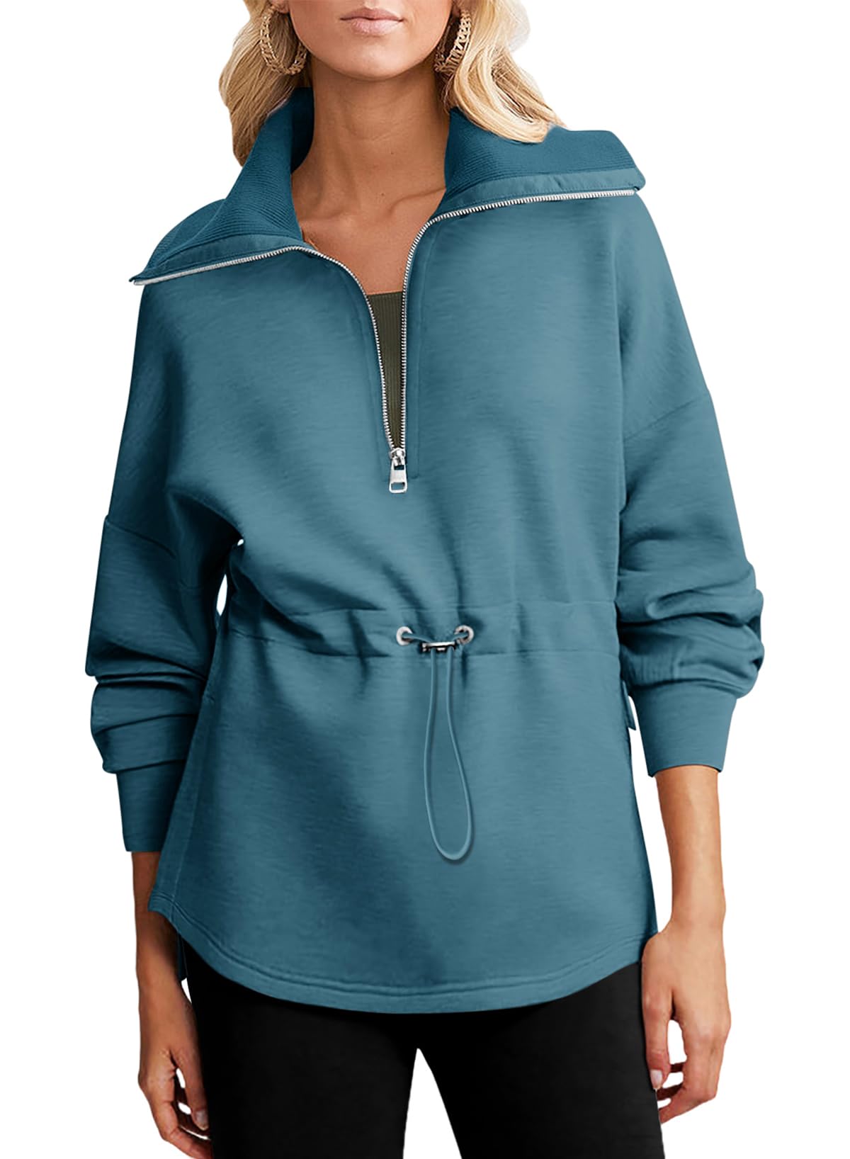 Dokotoo Hoodies for Women Zip Up Long Sleeve Drawstring Waist Casual Lightweight Soft Pullover Oversized Sweatshirt Quarter Zipper Sweatshirts Tunic Tops Fall Winter Outfits Clothes Blue XX-Large