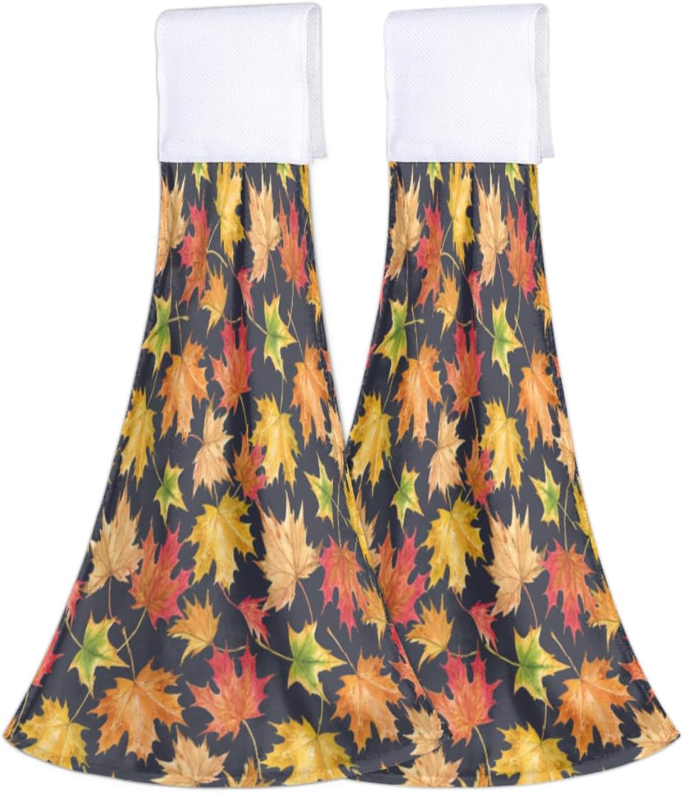 Hanging Kitchen Towel 2PCS Colorful Maple Leaves Printed Hand Towel with Loop Absorbent Dish Cloth Tie Towels Tea Bar Towels for Bathroom Kitchen Decor 12x17in