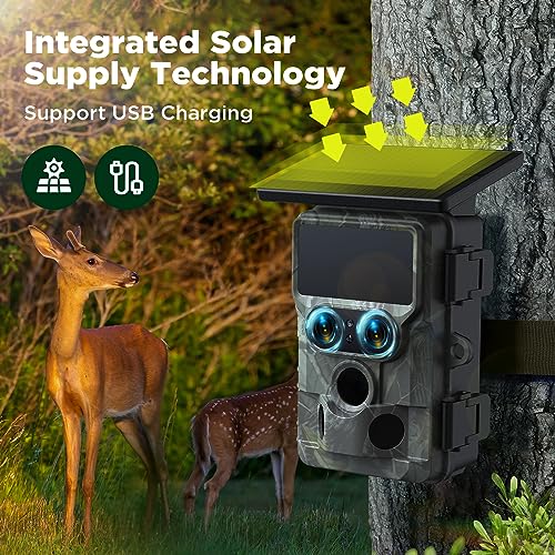 VOOPEAK Trail Camera Solar Powered, Dual Lens 60MP 4K 30FPS Bluetooth Game Camera with Starlight Night Vision, IMX458 Sensors Trail Camera 0.1S Trigger IP66 Waterproof for Outdoor Wildlife Monitoring