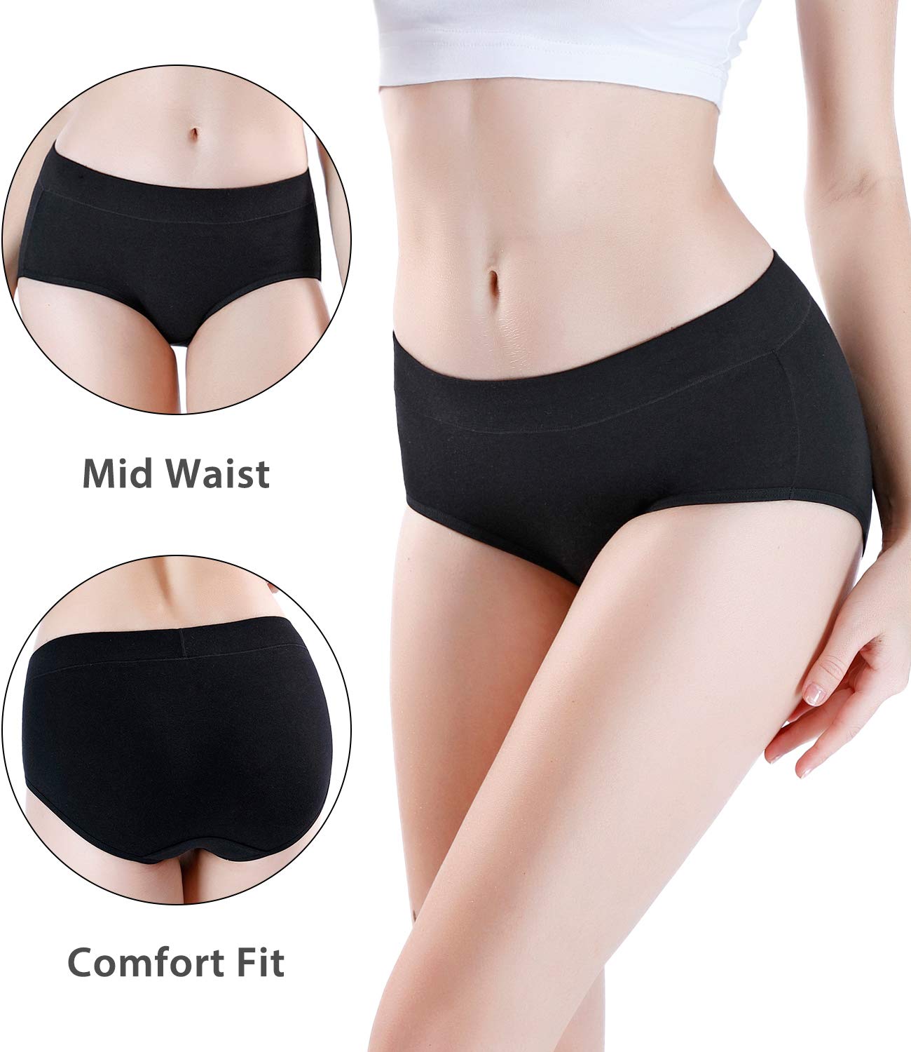 wirarpa Women's Underwear Cotton Mid Waisted Ladies Panties Full Coverage Briefs Black Large