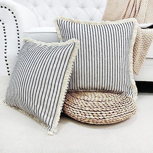 LMYUHONG Linen Throw Pillow Covers 18x18 Set of 2, Black Striped Beige Pillow Covers with Fringe, Boho Decorative Pillows Cover Farmhouse Square Cushion Case for Sofa Couch Bed Living Room Decor