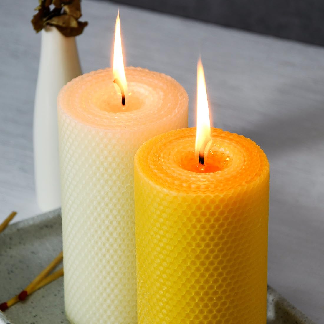 AGLARY 3PCS 3 * 6" Beeswax Pillar Candles, Large Handmade Pure Beeswax Rolled Candles, Unscented & Dripless & Smokeless,Original Color