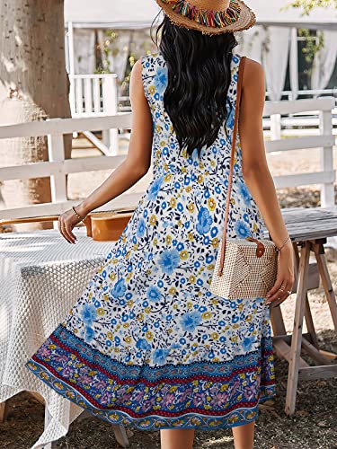TEMOFON Women's Dress Bohemian Short Sleeve Summer V-Neck Split Floral Printed Casual Maxi Dresses for Beach Party Blue M