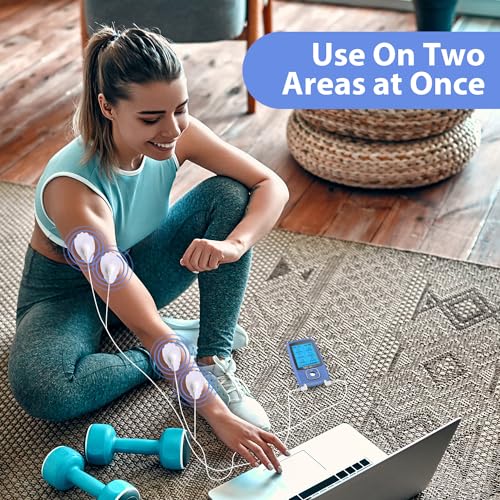 TEC.BEAN 24 Modes Tens Unit Muscle Stimulator, Rechargeable Tens Machine with 8 Electrode Pads (American Gel), Electric Pulse Massager for Pain Relief Therapy（Blue）