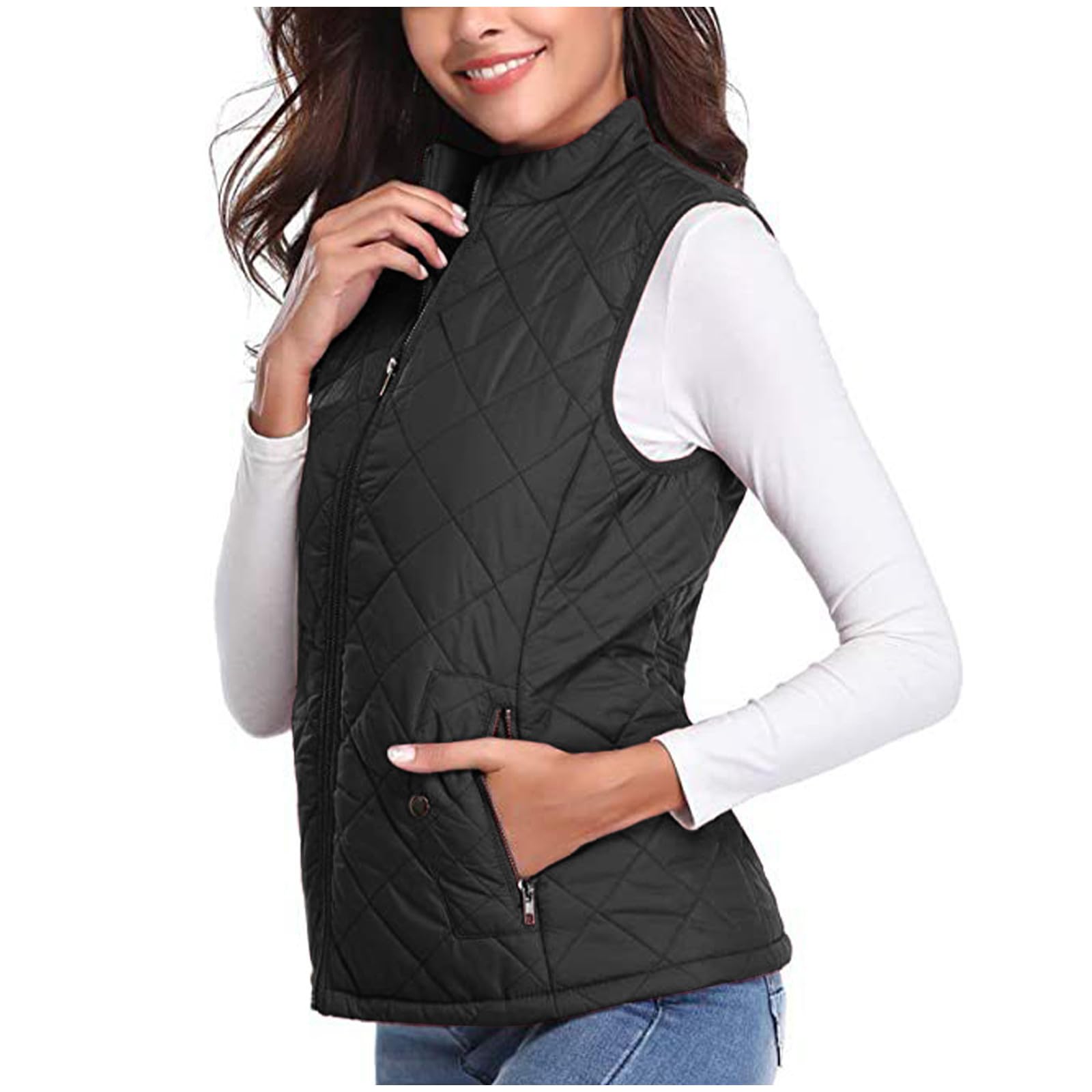 Women's Fall Winter Vest Zip Up Quilted Jackets Sleeveless Winter Coats Stand Collar Athletic Vest for Hiking Running, Winter Jacket Women, Winter Outwear for Women Black