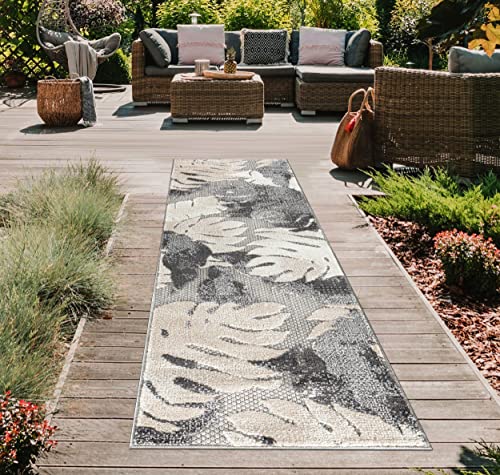 Rugshop Arles Palm Floral Leaves Non-Shedding Outdoor Rug Patio Deck Backyard Indoor/Outdoor Runner Rug 2' x 7' Gray