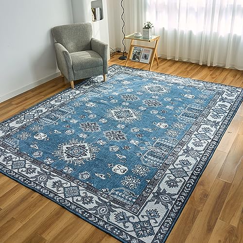 OIGAE Machine Washable Area Rug for Living Room Bedroom Farmhouse Home/Office Decor, 5x7 Carpet Vintage Style Ultra-Soft with Non-Slip Backing, 0.26In Thick, Grey