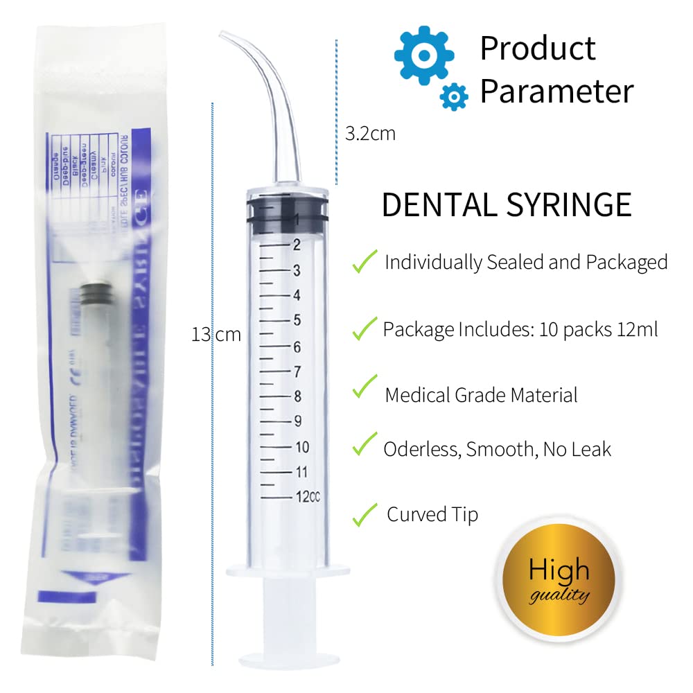 10 Pack 12ml/cc Plastic Syringe Dental Syringes Tools Curved Tip Individually Sealed with Measurement for Oral Wisdom Teeth Irrigation, Measuring Liquids, Feeding Pets, Lab, Oil or Glue Applicator