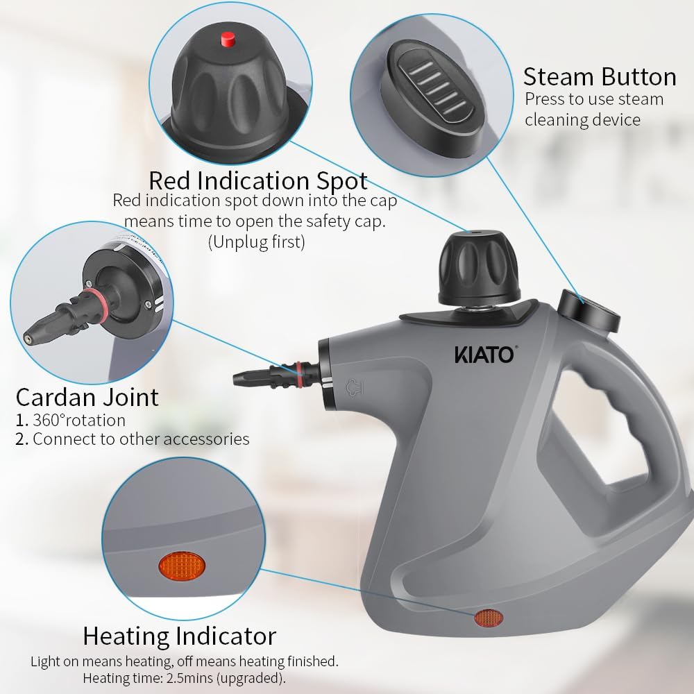 Kiato Handheld Steam Cleaner, 10 in 1 Handheld Steamer for Cleaning, Upholstery Steam Cleaner for Surface Cleaning Home, Sofa, Car, Office (Grey)