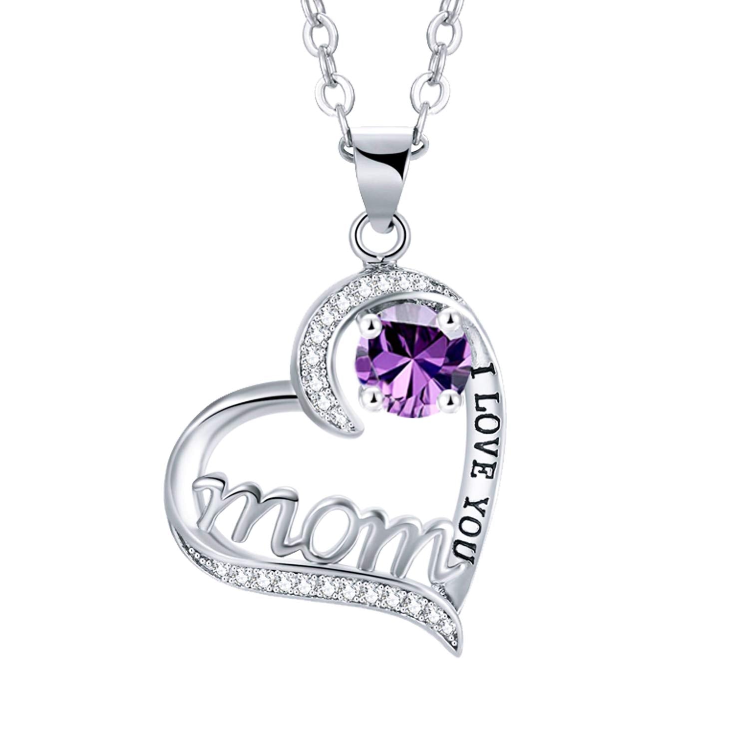 UEUC I LOVE YOU Mom Love Heart Necklace,925 Sterling Silver Plated Rhinestone Necklace for Mom Birthday,Best Mother Jewelry Gift