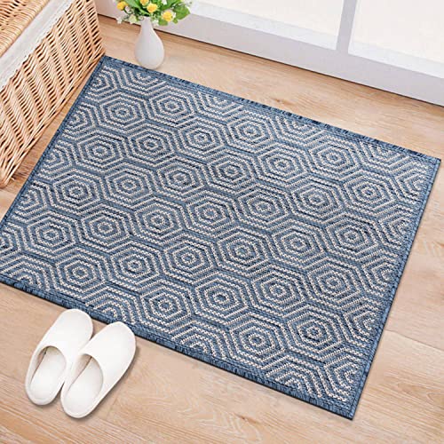 Rugshop Palmaria Modern Geometric Textured Flat Weave Easy Cleaning Outdoor Rugs for Deck,Patio,Backyard Indoor/Outdoor Area Rug 2' x 3' Blue