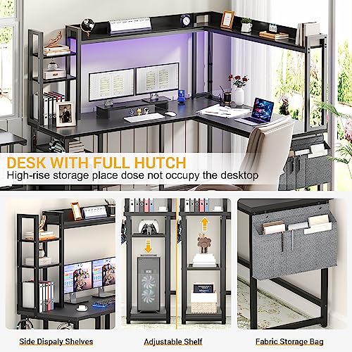 Aheaplus L Shaped Gaming Desk, Reversible L Shaped Desk with Power Outlet and Led Lights, Gaming Desk Corner Computer Desk with Hutch, Monitor Stand and Storage Bag for Home Office, Black