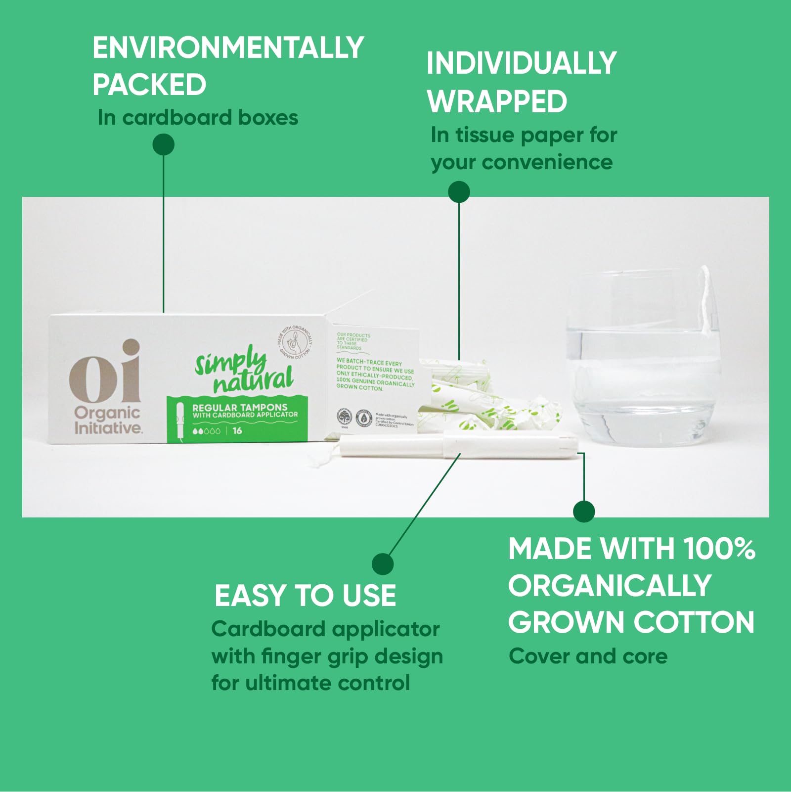 Oi Organic Tampons | Regular/Super Absorbency | 100% Certified Organic Cotton, Unscented | Cardboard Applicator | Leak Free, Easy Grip | 1x14 Super Pack, 1x16 Regular Pack (30 Count)