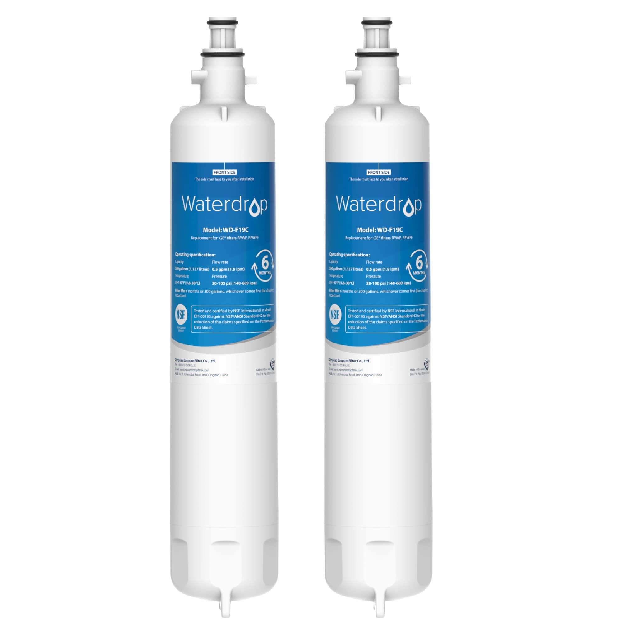 Waterdrop WD-F19C Replacement for GE® RPWFE®, RPWF (Built-in CHIP) Refrigerator Water Filter, Compatible with GFE28GYNFS, GFE28GELDS, PFE28KELDS, PFE28KYNFS, GFD28GELDS, PWE23KELDS, 2 Filters