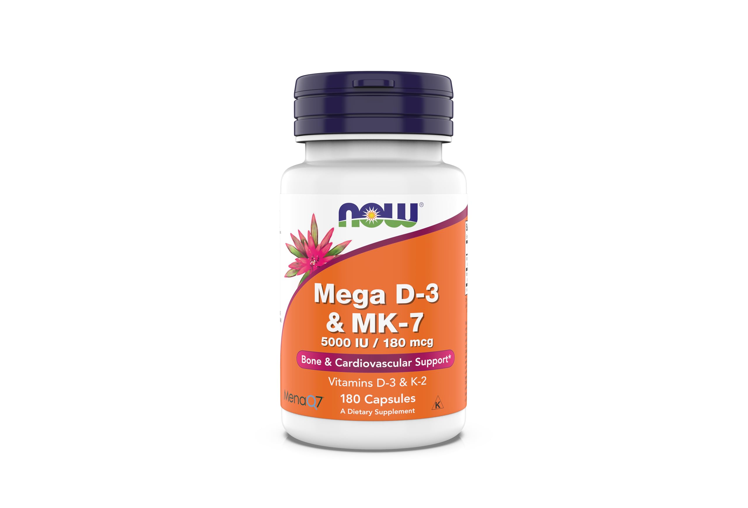 NOW Supplements, Mega D-3 & MK-7, 5000 IU / 180 mcg, Bone & Cardiovascular Support*, Vitamins K-3 & K-2, 180 Capsules