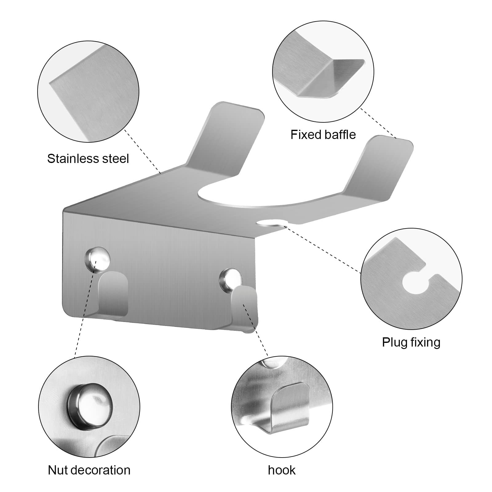 Hair Dryer Holder JWCE Blow Dryer Holder Wall Mounted Fit for Most Hair Dryers Self-Adhesive or Punch Installation for Bathroom (Silver)