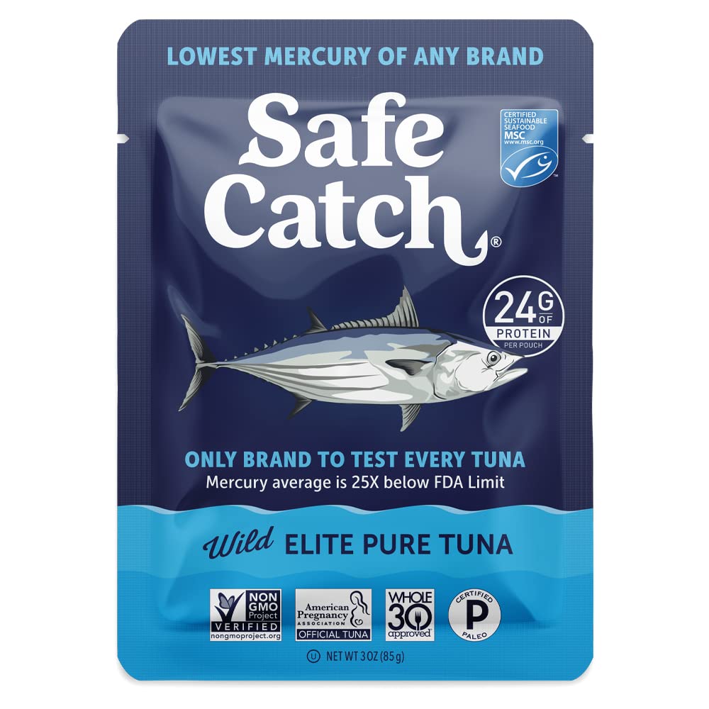 Safe Catch Elite Tuna Wild-Caught Lowest Mercury Tuna Fish Pouch Gluten-Free Keto Food Non-GMO Kosher Paleo-Friendly High Protein Snack, No Water Oil Tuna, Pack of 12 Tuna Pouches 3oz