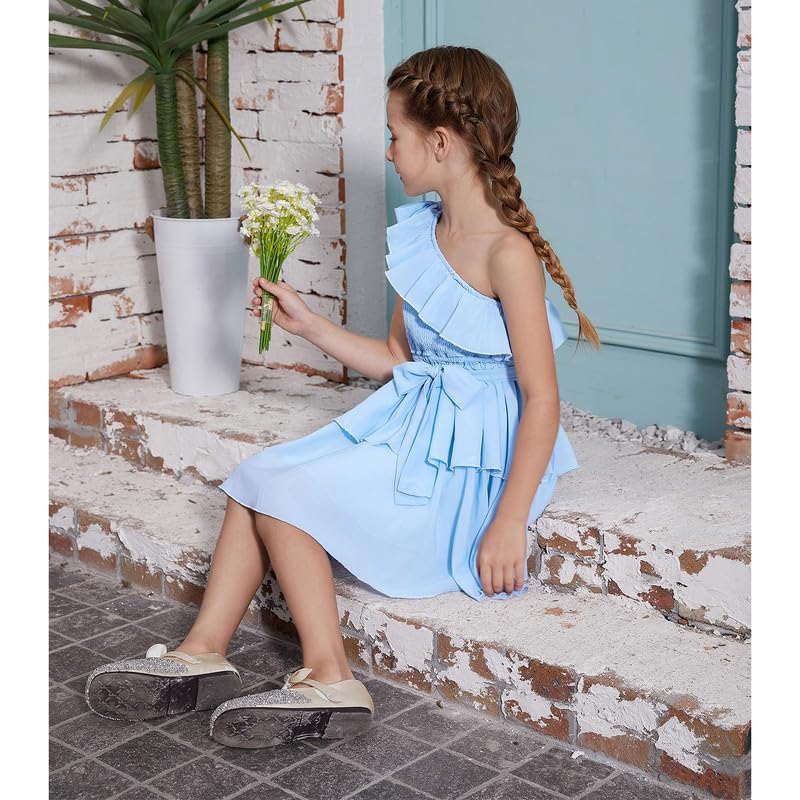 CHILDRENSTAR Girls Chiffon Dress Ruffles Smocked Sleeveless Blue Tiered Flowy Dresses,Size 4t 5t
