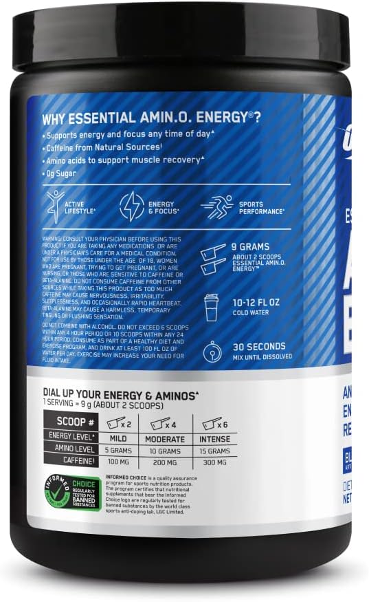 Optimum Nutrition Amino Energy - Pre Workout with Green Tea, BCAA, Amino Acids, Keto Friendly, Green Coffee Extract, Energy Powder - Blue Raspberry, 30 Servings (Packaging May Vary)