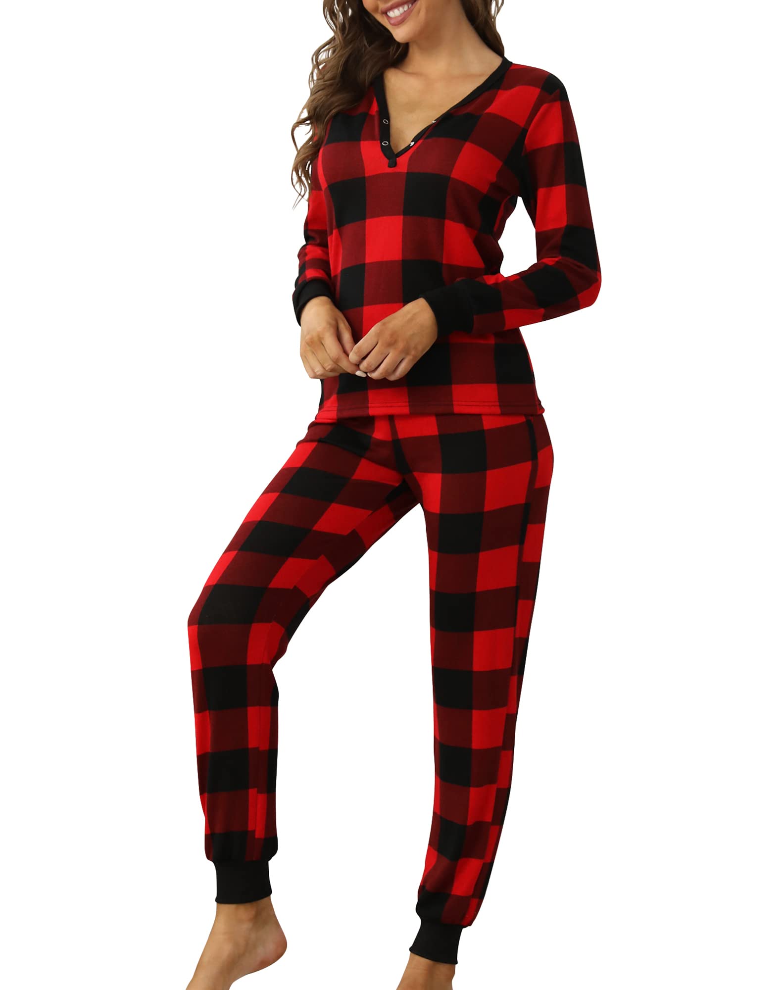 Smile Fish Womens Christmas Pajamas Set Long Sleeve Henley Neck Buffalo Plaid PJS Joggers Pants Loungewear Cotton Blend Red Black,M