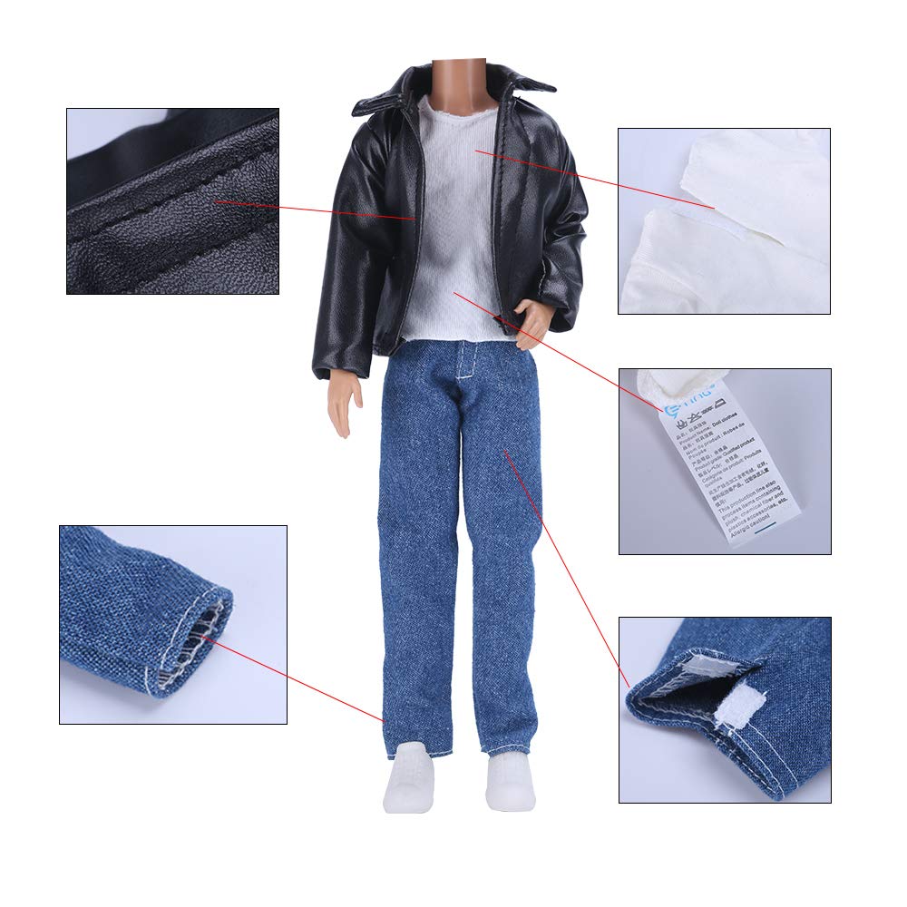 E-TING 10-Item Fantastic Pack = 5 Sets Fashion Casual Wear Clothes Outfit with 5 Pair Shoes for boy Doll Random Style (Leather Jacket + Casual Wear Clothes + Swimwear)