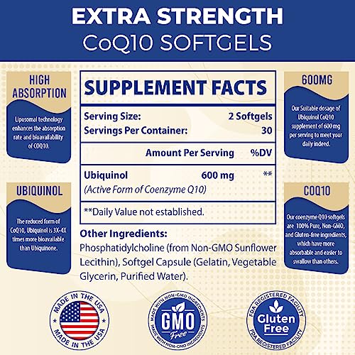 Liposomal CoQ10 Ubiquinol 600mg Softgels | Superior Absorption Ubiquinol CoQ10 Supplement | Powerful Active Antioxidant Form of Coenzyme Q10 | Heart Function & Energy Production | 60 Softgels