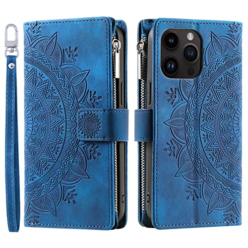 Mavis's Diary Compatible with iPhone 13 Pro Max Case Wallet for Women, Mandala Floral Embosssed PU Leather Folio Zipper Cover Magnetic Flip Book Case with Card Holder Wrist Strap (Blue)