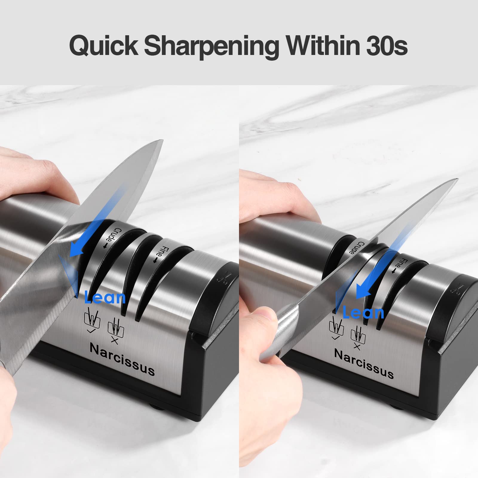 Narcissus Knife Sharpener, Professional 2 Stage Electric Knife Sharpener for Quick Sharpening & Polishing, with Scissors Sharpener and Metal Dust Collection Box, Stainless Steel, Silver