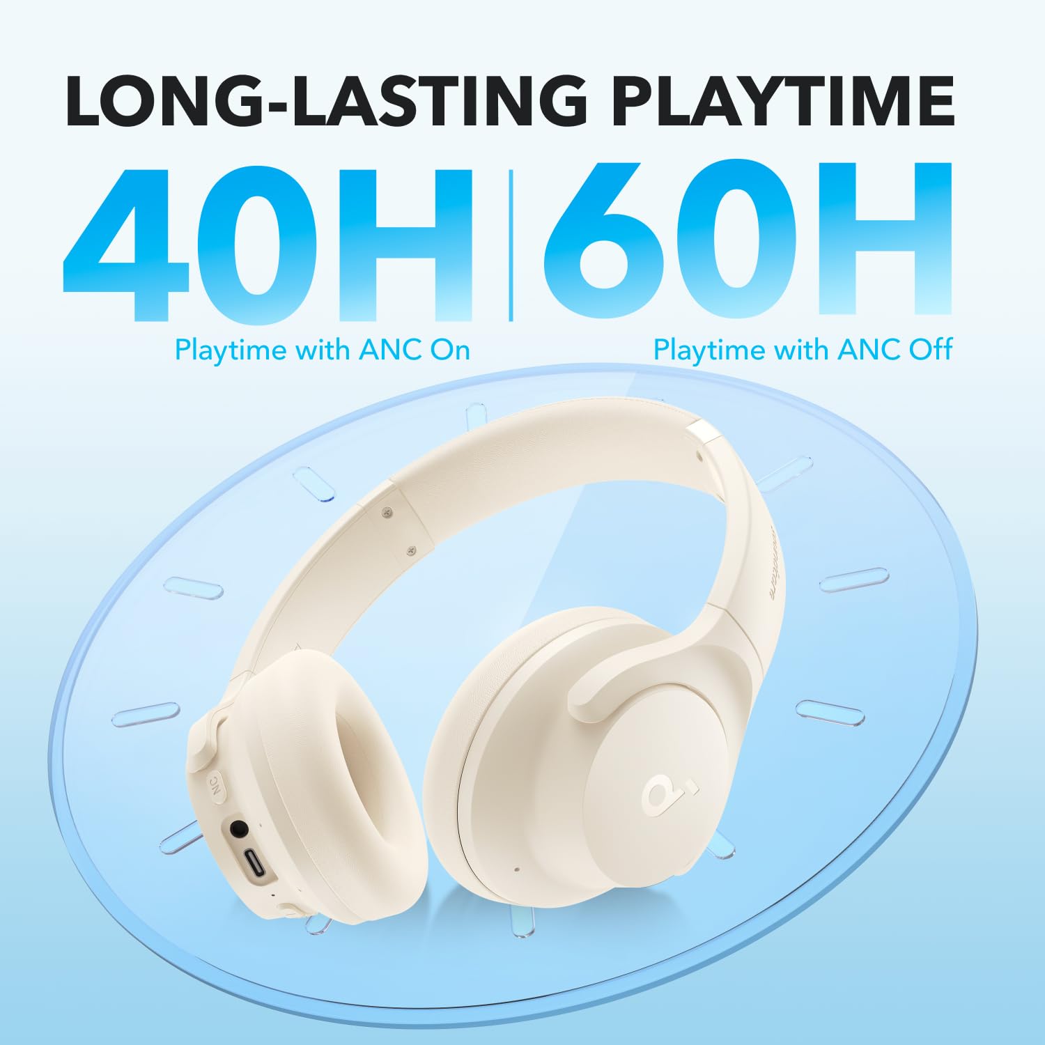 Soundcore by Anker Q20i Hybrid Active Noise Cancelling Headphones, Wireless Over-Ear Bluetooth, 40H Long ANC Playtime, Hi-Res Audio, Big Bass, Customize via an App, Transparency Mode (White)