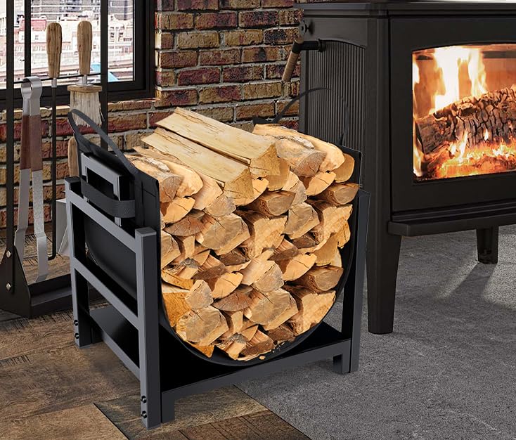 MOFEEZ Firewood Rack Log Holder Indoor with Wood Carrier, Powder-coated Steel Made, Up-loaded to 110lb, 18inch(L) x 13inch(W) x 17inch(H)