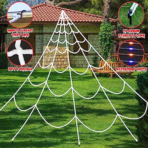 Aitbay Halloween Decorations Outdoor Spiders Web Lights: 150 Purple & Orange LED Light Decor, 17.4Ft Giant Spiderweb with 8 Lighting Modes Waterproof & Timer, Yard Spider Web Decoration