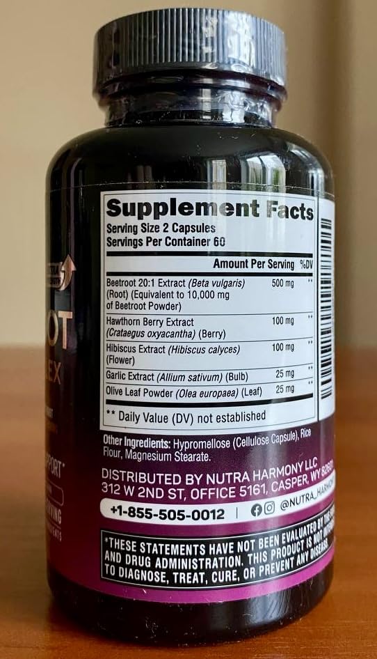 NUTRAHARMONY Beet Root 5-in-1 Complex Capsules - Healthy Blood Pressure Support Supplement** for Heart & Circulation Support - with Hawthorn Berry, Hibiscus & Garlic - Made in USA, 120 Capsules