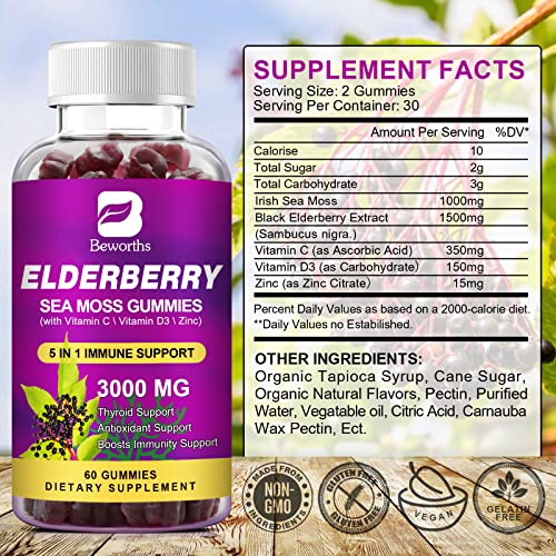 B BEWORTHS Elderberry & Sea Moss Gummies, Organic Black Sambucus Elderberry with Zinc and Vitamin C, D3 for Adults & Kids, Elderberry Gummy Vitamin Supplements for Immune & Energy Support - Vegan