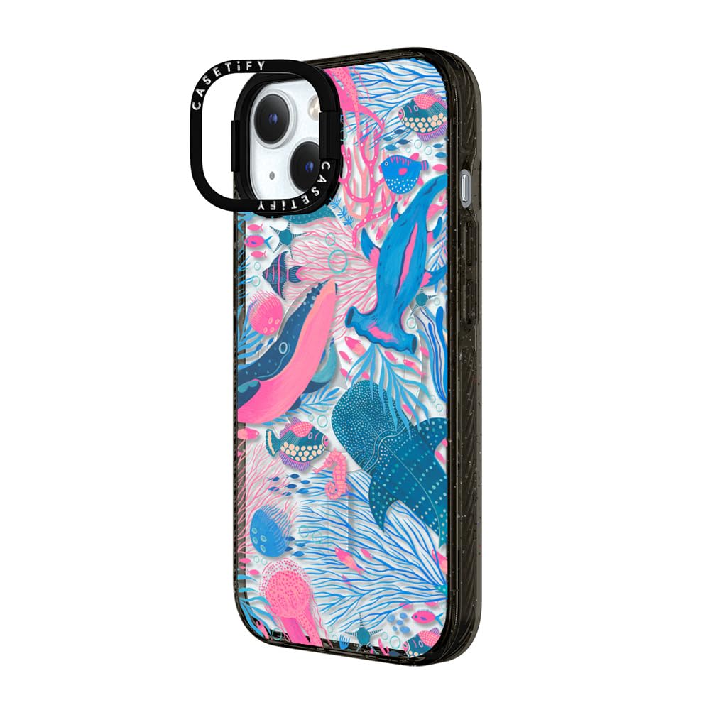 CASETiFY Impact Ring Stand Case for iPhone 15 [3X Military Grade Drop Tested / 6.6ft Drop Protection/Compatible with Magsafe] - Under The Sea - Clear Black