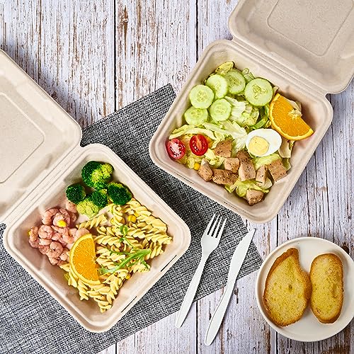 ECOLipak 300 Pack Clamshell To Go Containers, 100% Compostable Disposable Take Out Food Containers, 8X8 inch 3-Compartment Heavy-Duty To Go Boxes