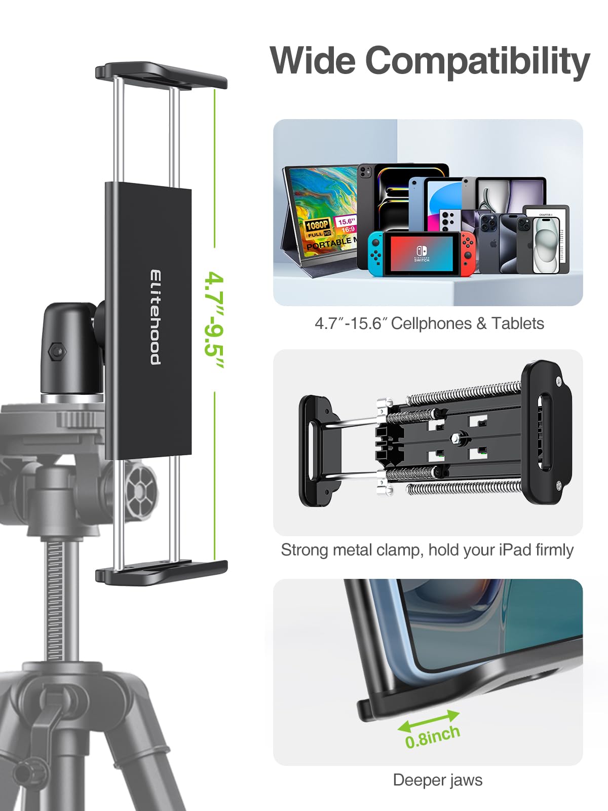 Elitehood 68" Heavy Duty iPad Tripod, Ultra-Stable Camera Tripod for iPad Pro 12.9, iPad Stand Mount for Video Recording/Photography, Compatible with 4.7-13inch Tablet/iPad Pro/Webcam/DSLR