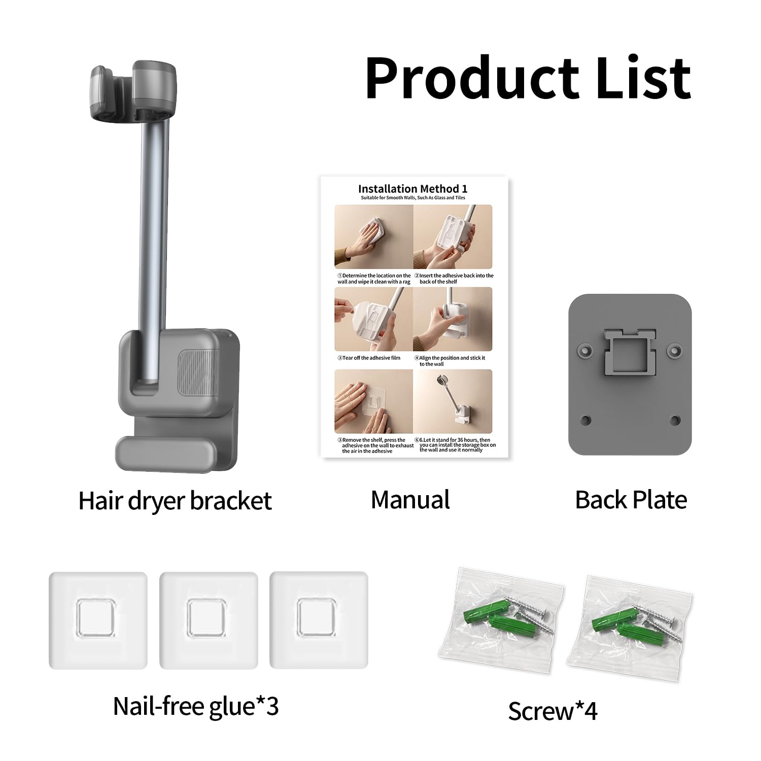 Hands Free Hair Dryer Holder Wall Mount, Adjustable Bathroom Blower Dryer Holder Wall Mounted Hook Rack, Vanity Cabinet Door Hanger Storage, Suitable for Most Walls, Hair Dryers, with Cord Organizer