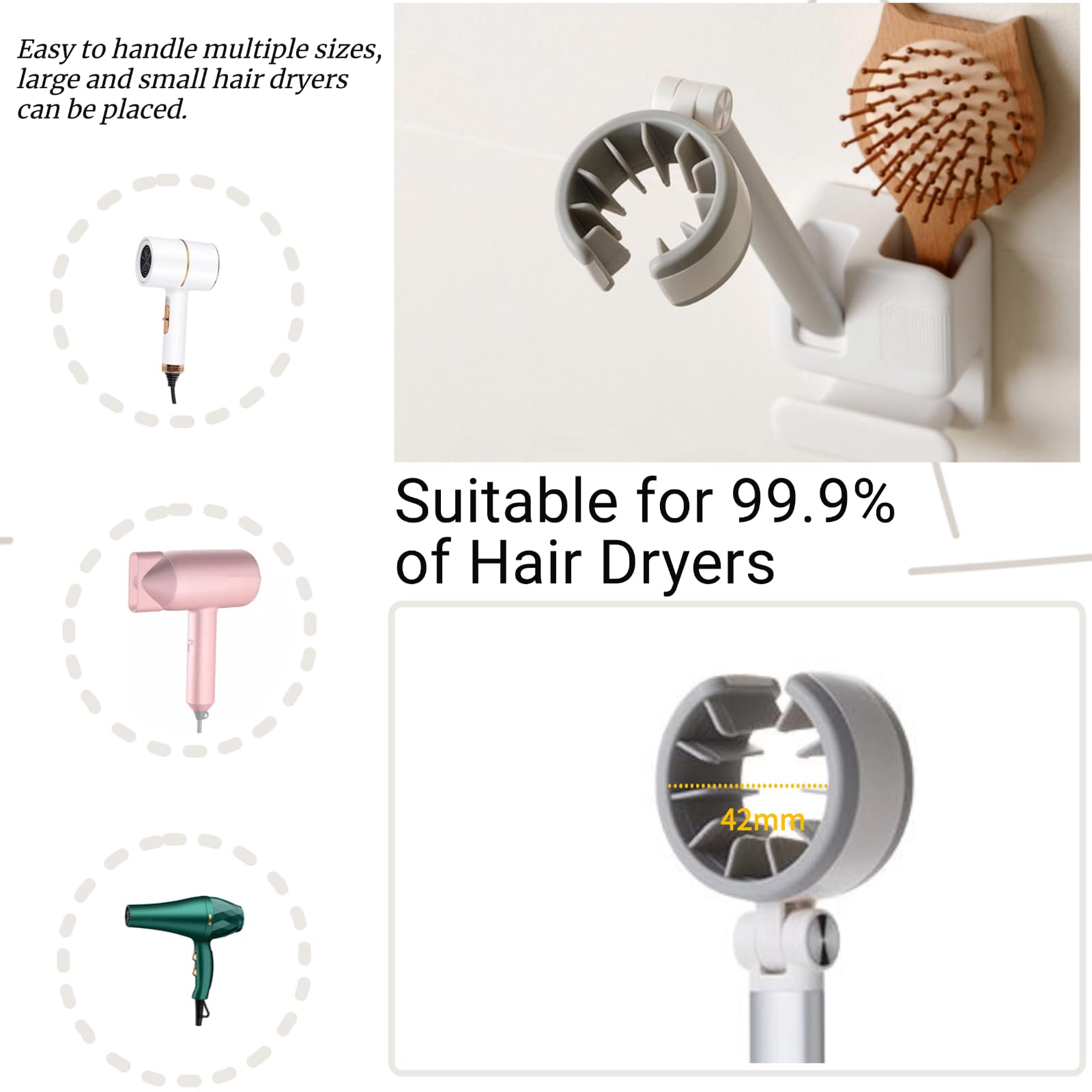 Hands Free Hair Dryer Holder Wall Mounted, No-Drill Adjustable Blow Dryer Stand with Rotating Arm & Cable Hook, Universal Bathroom Hairdryer Organizer for Vanity, Wigs, Pet Grooming, Durable Design