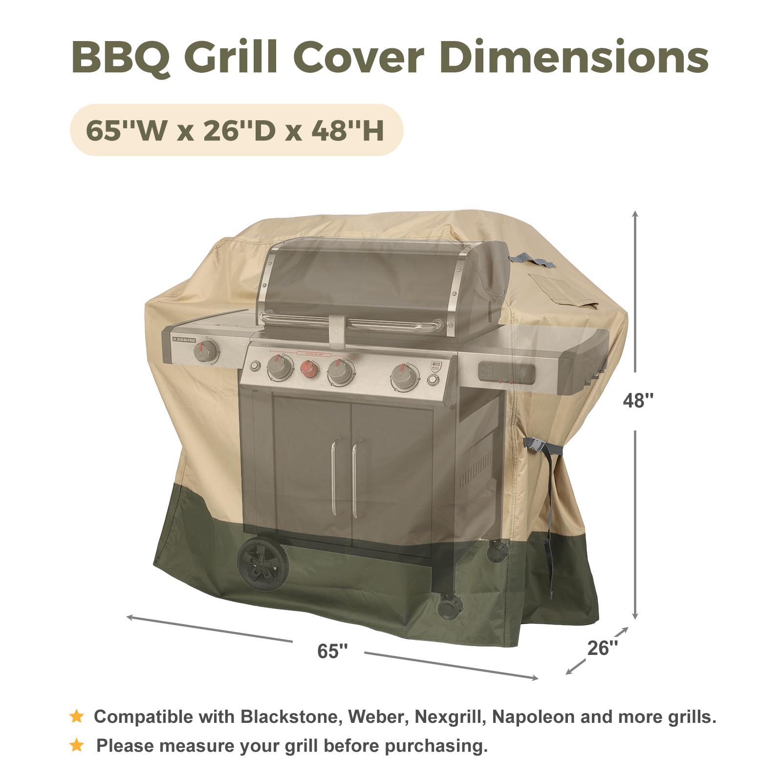 BBQ 3-6 Burners Gas Grill Cover 65 Inch, 600D Waterproof Polyester Barbecue Grill Cover with Adjustable Buckle Straps and Attached Storage Bag