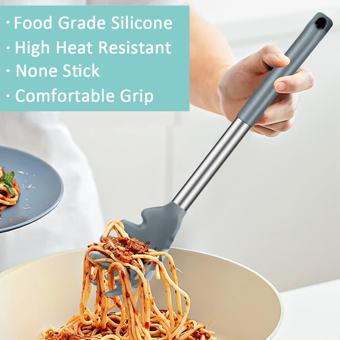 Silicone Pasta Fork, Kitchen Heat Resistant Noodle Spoon Server, BPA Free Spaghetti Strainer,Best Cooking Tools