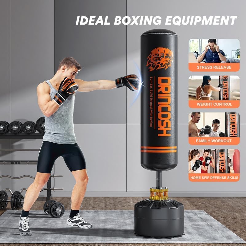 DRINCOSH Punching Bag with Stand Adult-70 Free Standing Boxing Bag with Suction Cup Base for Adult Teens,Standing Kickboxing Bag for Home Office Gym